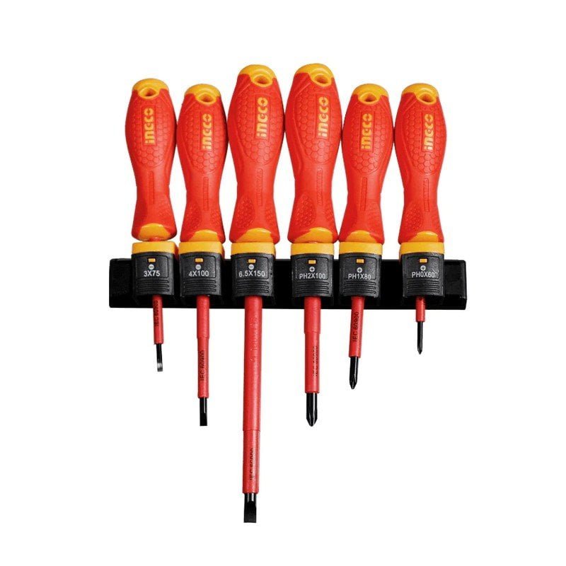 This is the INGCO 6-Pcs Insulated Screwdriver Set HKISD0608 one of the best tools by technicians and electricians sold by Tech Store in Lebanon.